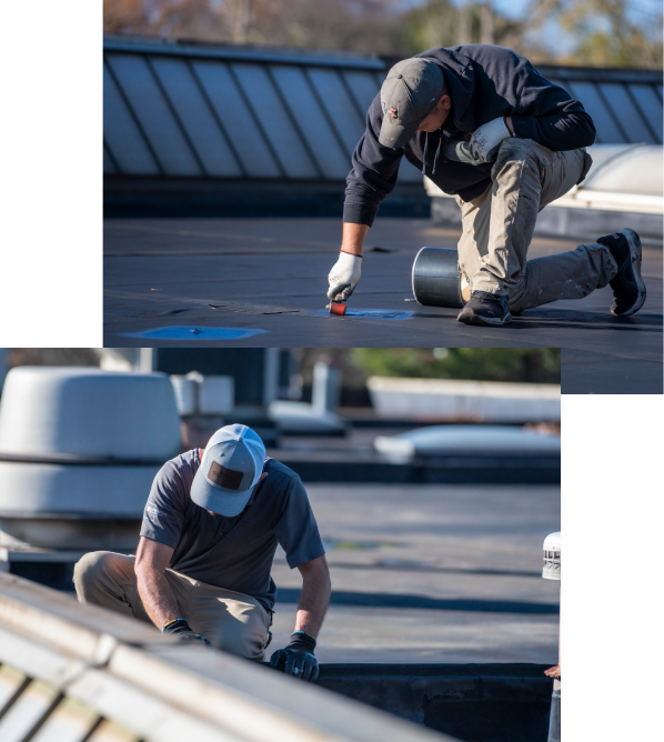 Workers repairing a flat roof.