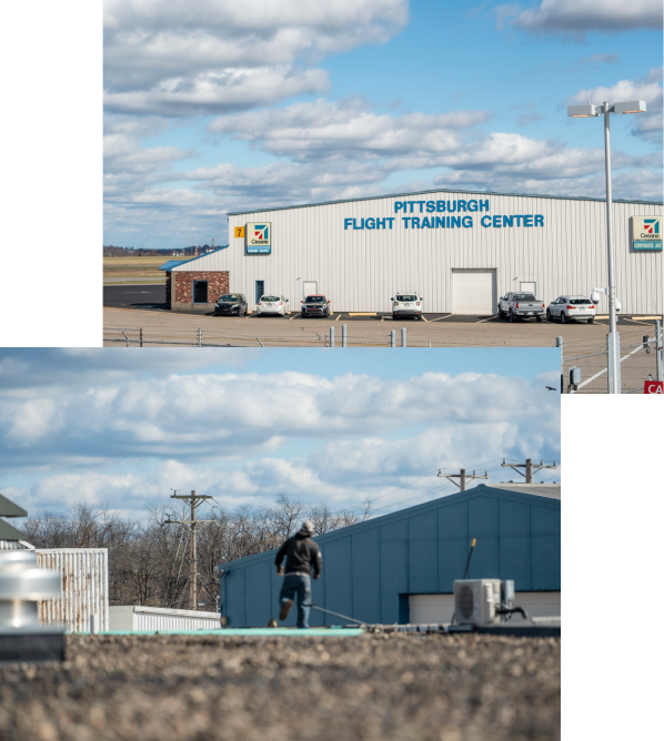 Flight training center with cloudy sky