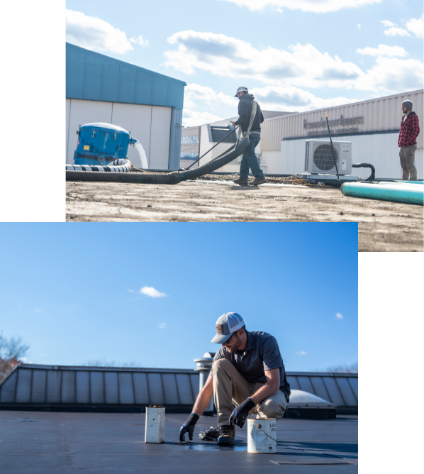 Workers repairing a commercial roof.